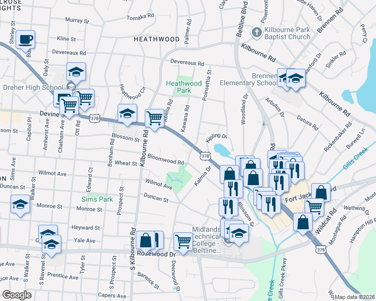 map of restaurants, bars, coffee shops, grocery stores, and more near 606 Poinsettia Street in Columbia