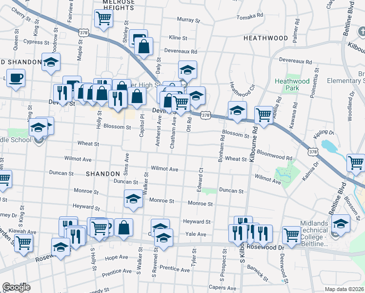map of restaurants, bars, coffee shops, grocery stores, and more near 501 Ott Road in Columbia