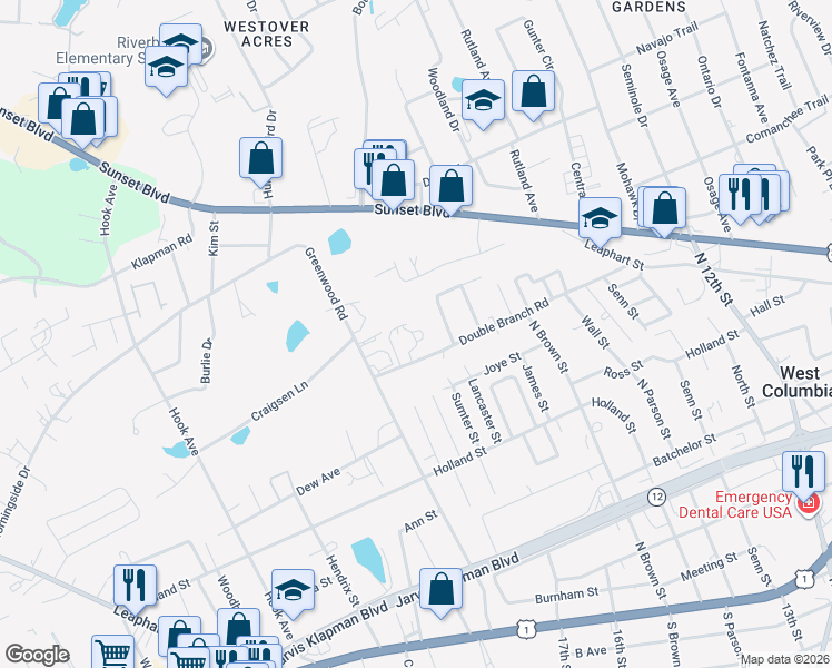 map of restaurants, bars, coffee shops, grocery stores, and more near in West Columbia
