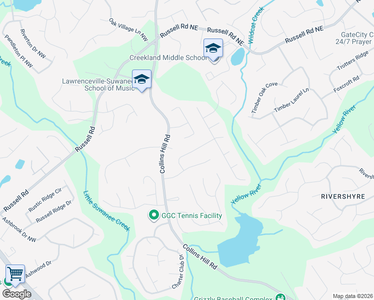 map of restaurants, bars, coffee shops, grocery stores, and more near 1520 Bentridge Drive in Lawrenceville