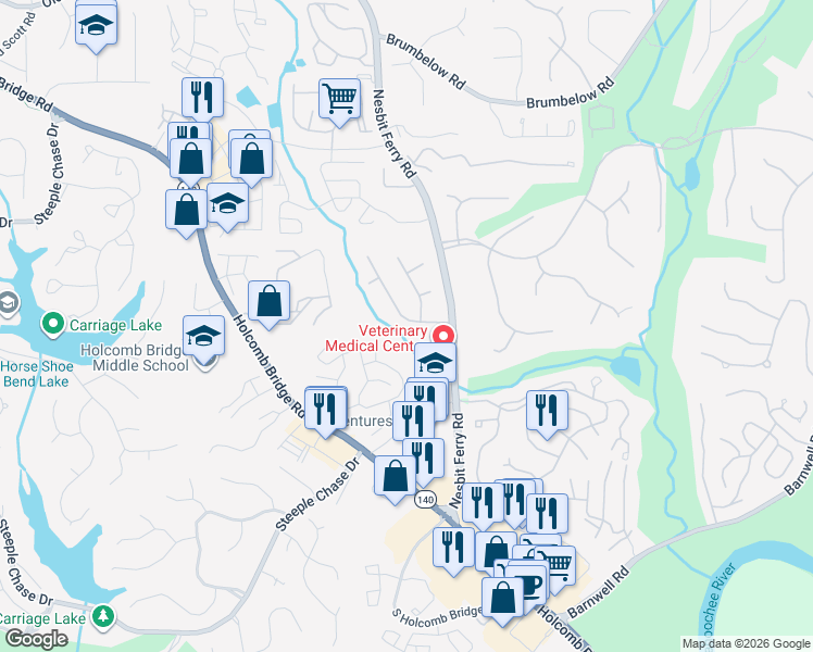 map of restaurants, bars, coffee shops, grocery stores, and more near 2895 Shurburne Drive in Alpharetta