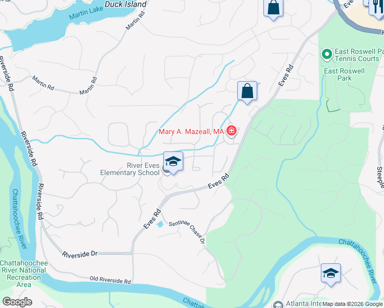 map of restaurants, bars, coffee shops, grocery stores, and more near 1610 Misty River Run in Roswell