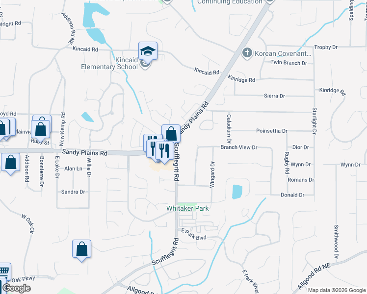 map of restaurants, bars, coffee shops, grocery stores, and more near 1830 Scufflegrit Road in Marietta