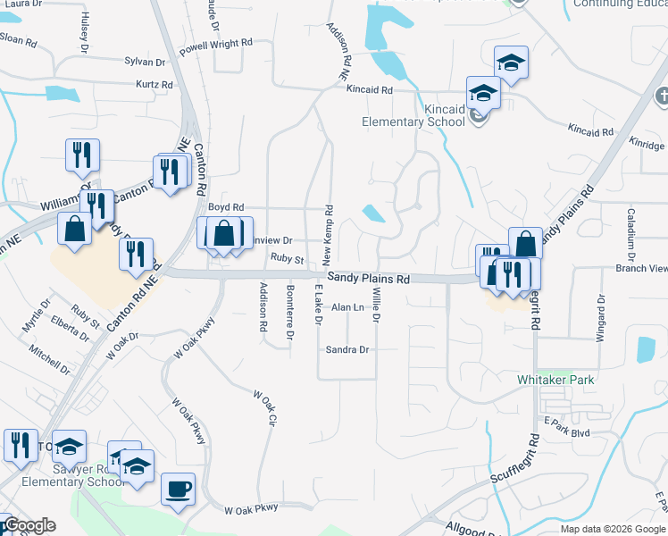 map of restaurants, bars, coffee shops, grocery stores, and more near 1792 Sandy Plains Road in Marietta
