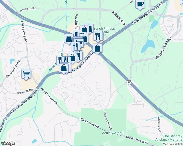 map of restaurants, bars, coffee shops, grocery stores, and more near 1745 Oak Brook Lane Northwest in Kennesaw