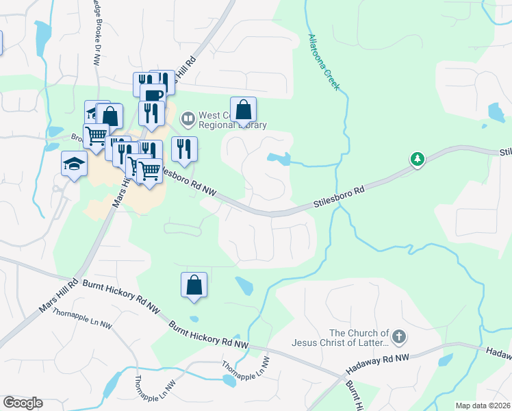 map of restaurants, bars, coffee shops, grocery stores, and more near 1799 Rose Hedge Way Northwest in Kennesaw