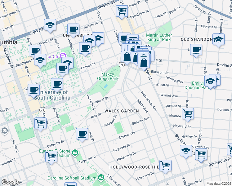 map of restaurants, bars, coffee shops, grocery stores, and more near 1805 Wheat Street in Columbia