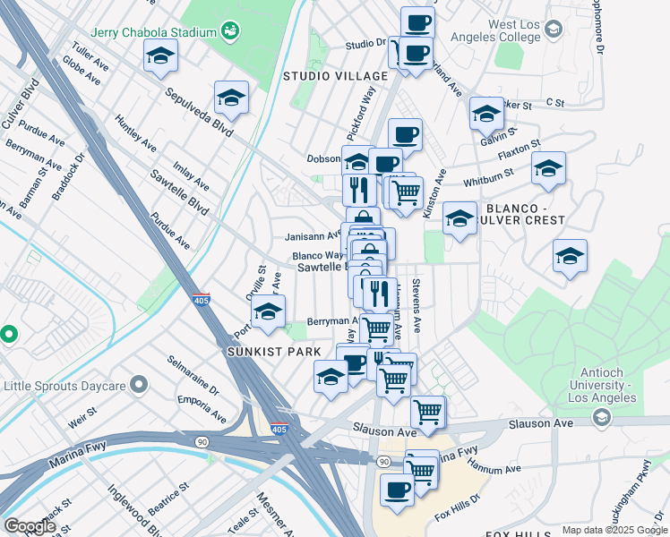 map of restaurants, bars, coffee shops, grocery stores, and more near 11214 Patom Drive in Culver City