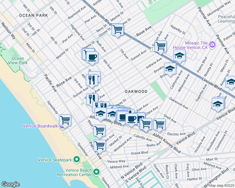 map of restaurants, bars, coffee shops, grocery stores, and more near 539 Brooks Avenue in Los Angeles