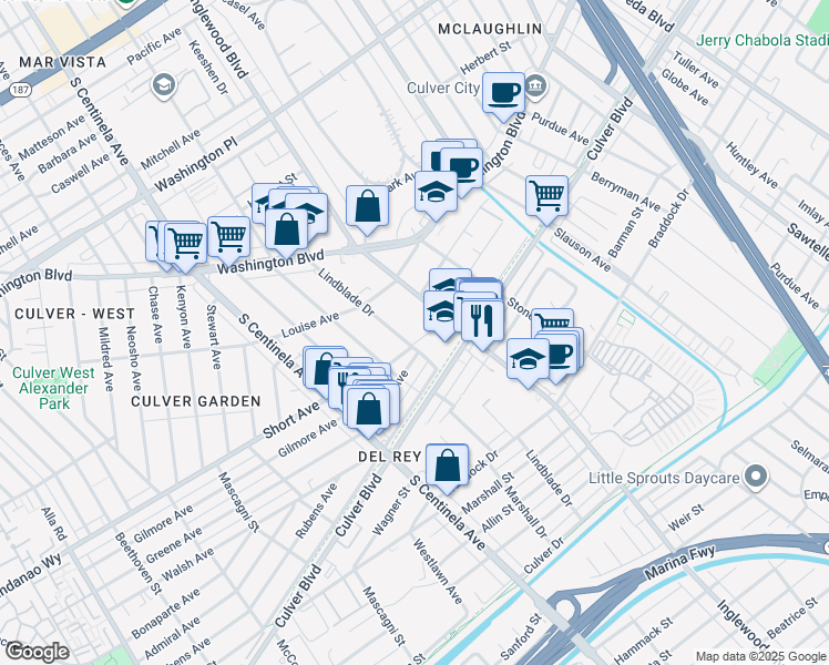 map of restaurants, bars, coffee shops, grocery stores, and more near 4430 Lindblade Drive in Los Angeles