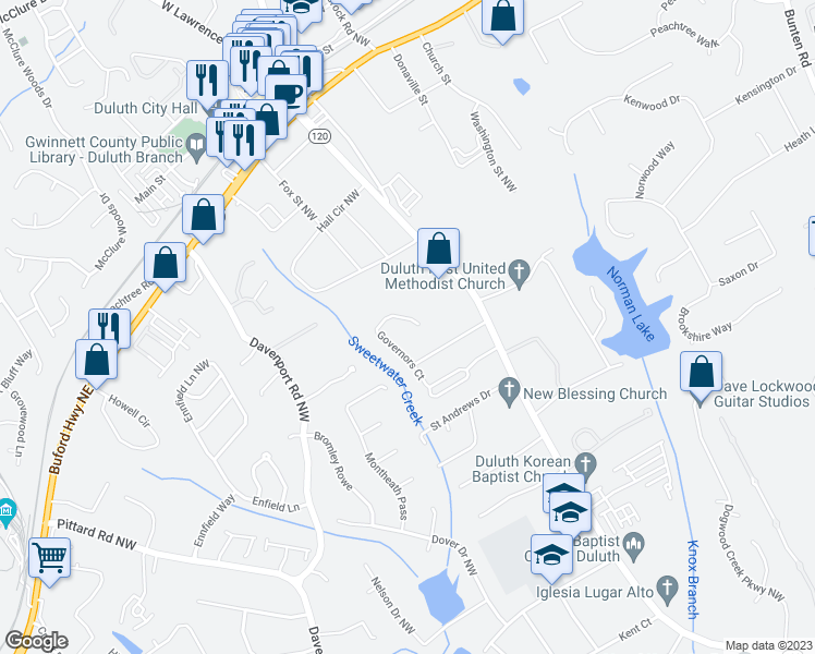 map of restaurants, bars, coffee shops, grocery stores, and more near 3321 Governors Court in Duluth