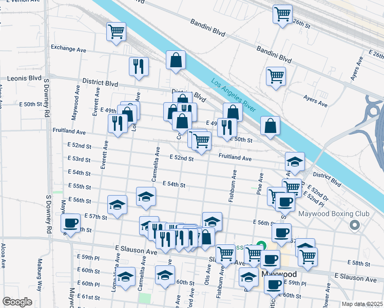 map of restaurants, bars, coffee shops, grocery stores, and more near 4022 East 52nd Street in Maywood
