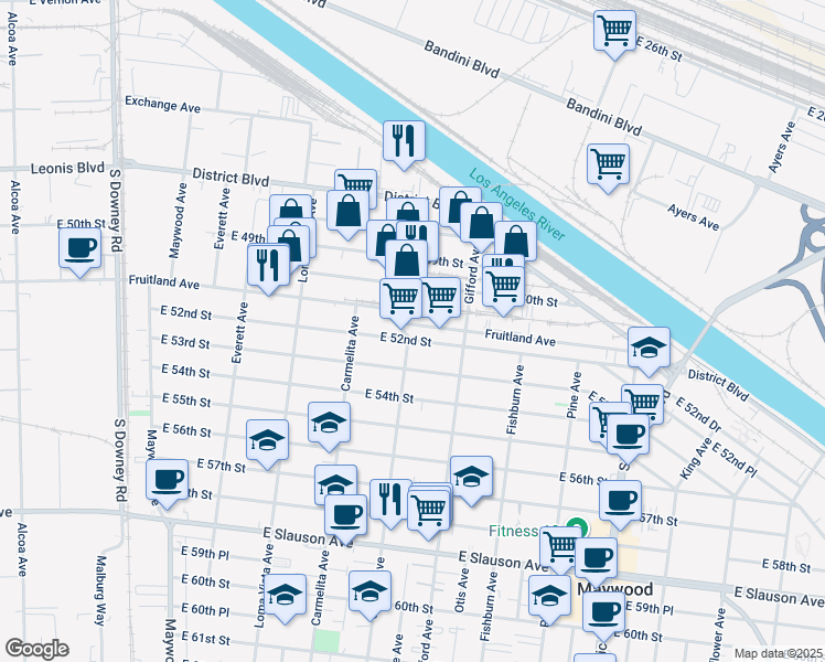 map of restaurants, bars, coffee shops, grocery stores, and more near 4022 East 52nd Street in Maywood