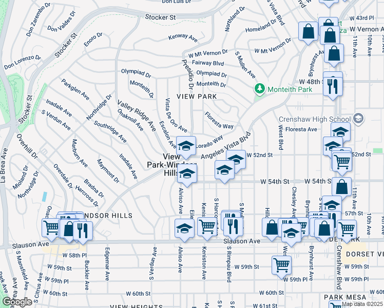 map of restaurants, bars, coffee shops, grocery stores, and more near 5259 Angeles Vista Boulevard in View Park-Windsor Hills