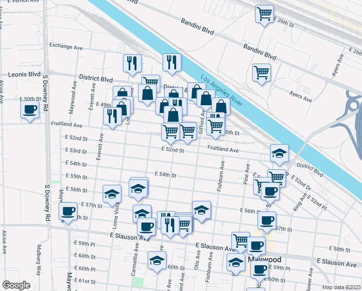 map of restaurants, bars, coffee shops, grocery stores, and more near 4022 East 52nd Street in Maywood