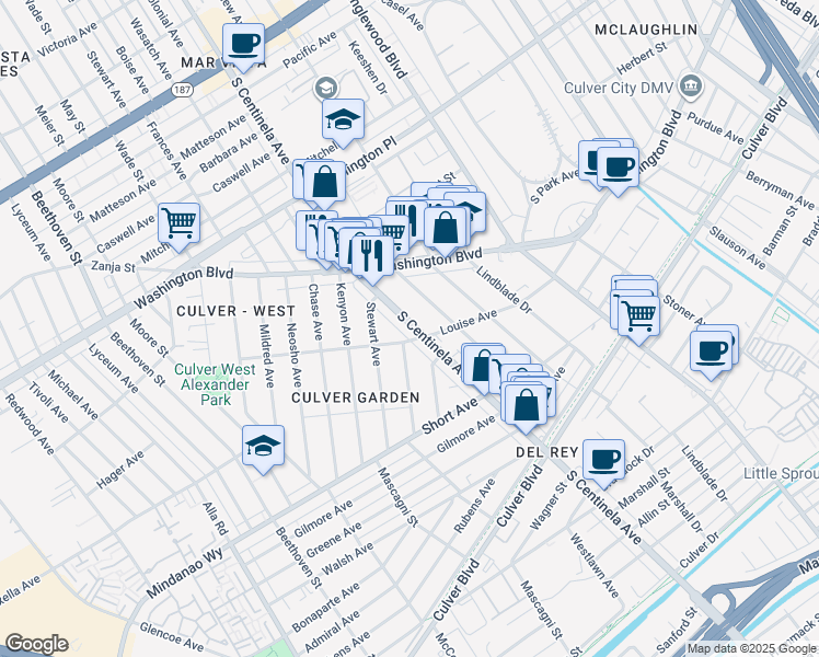 map of restaurants, bars, coffee shops, grocery stores, and more near 12441 Louise Avenue in Los Angeles