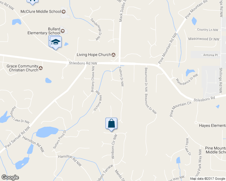 map of restaurants, bars, coffee shops, grocery stores, and more near 1658 Duxbury Lane Northwest in Kennesaw