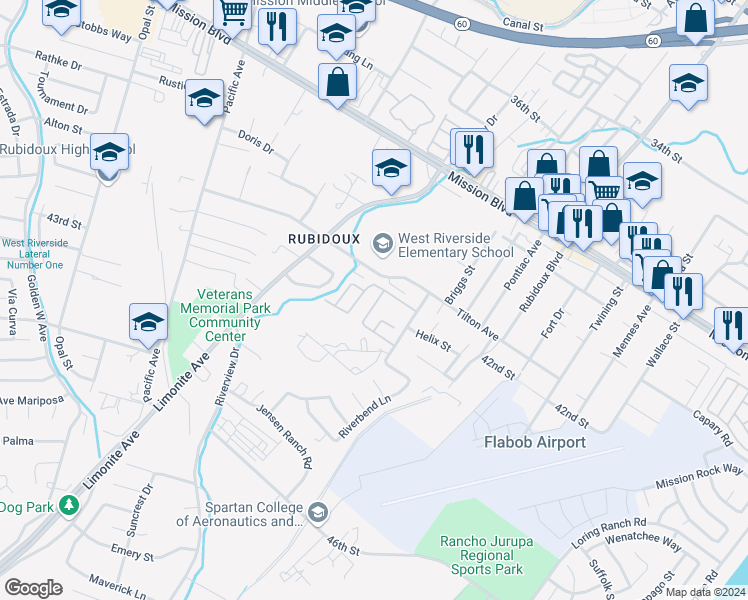 map of restaurants, bars, coffee shops, grocery stores, and more near 4215 Mill Creek Street in Riverside