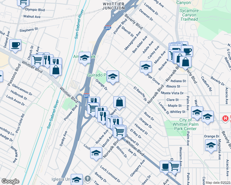 map of restaurants, bars, coffee shops, grocery stores, and more near 5776 Lockheed Avenue in Whittier