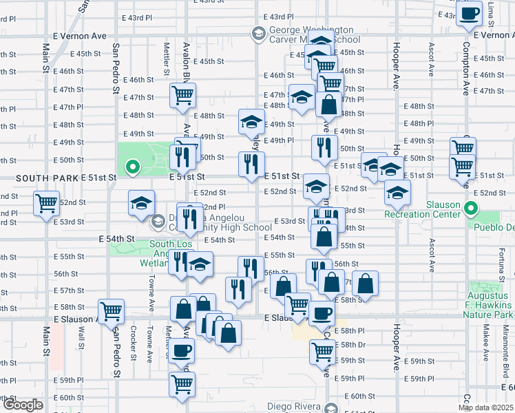 map of restaurants, bars, coffee shops, grocery stores, and more near East 52nd Place in Los Angeles