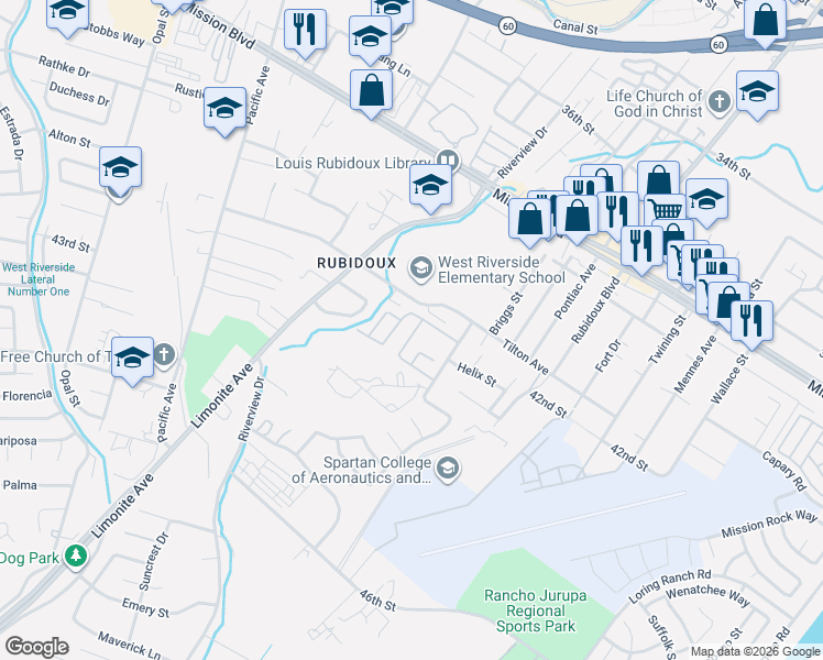 map of restaurants, bars, coffee shops, grocery stores, and more near 4236 Mill Creek Street in Riverside