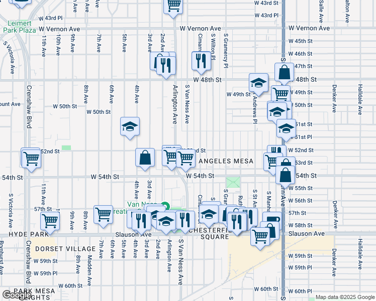 map of restaurants, bars, coffee shops, grocery stores, and more near S Van Ness Ave & W 52nd St in Los Angeles