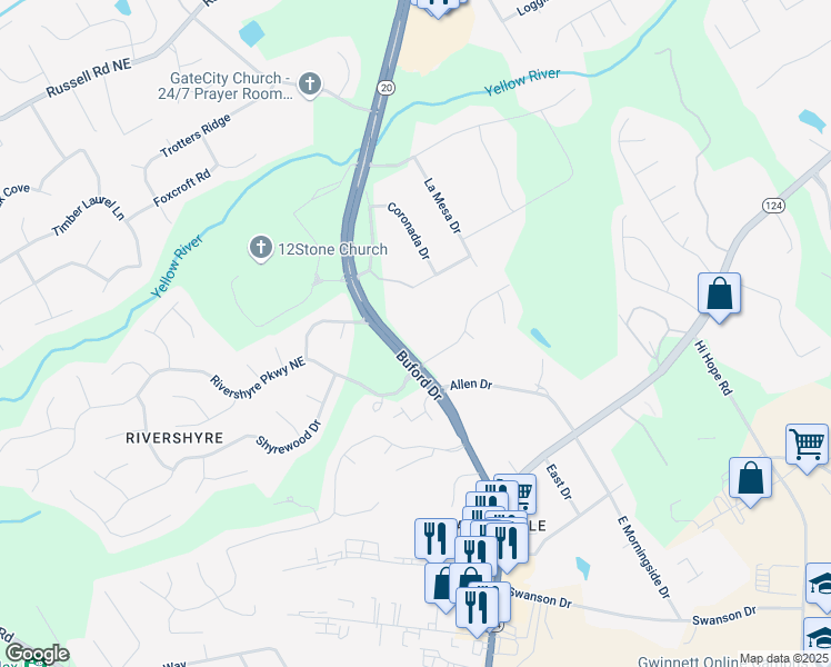 map of restaurants, bars, coffee shops, grocery stores, and more near 1175 Buford Drive in Lawrenceville
