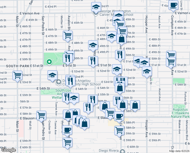 map of restaurants, bars, coffee shops, grocery stores, and more near East 52nd Place in Los Angeles