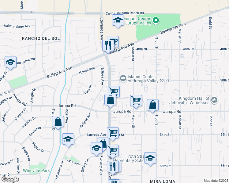 map of restaurants, bars, coffee shops, grocery stores, and more near 5064 Etiwanda Avenue in Jurupa Valley