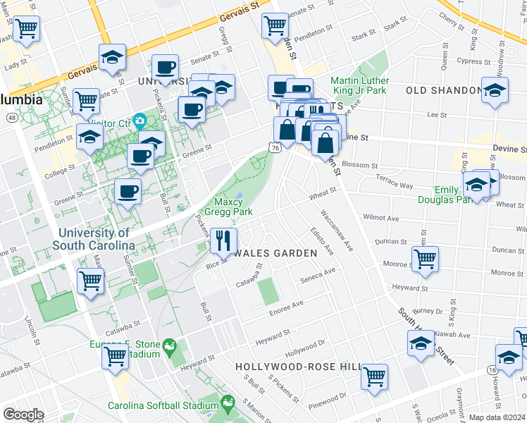 map of restaurants, bars, coffee shops, grocery stores, and more near 1809 Wheat Street in Columbia