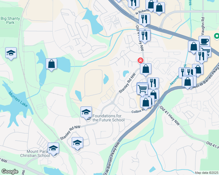 map of restaurants, bars, coffee shops, grocery stores, and more near 1717 Cosette Lane in Kennesaw