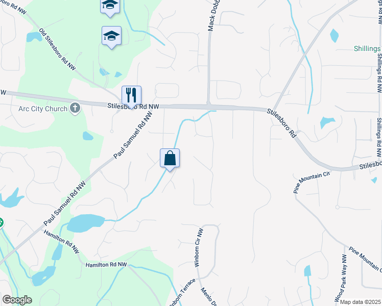 map of restaurants, bars, coffee shops, grocery stores, and more near 1661 Duxbury Lane Northwest in Kennesaw