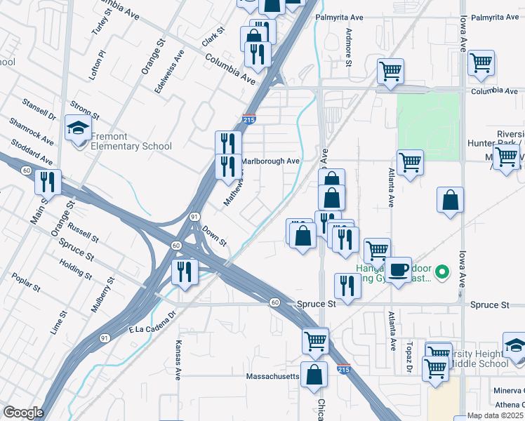 map of restaurants, bars, coffee shops, grocery stores, and more near 1746 Agrigento Avenue in Riverside