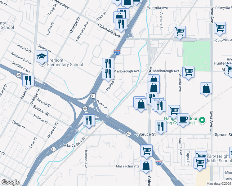 map of restaurants, bars, coffee shops, grocery stores, and more near 1778 Palermo Drive in Riverside