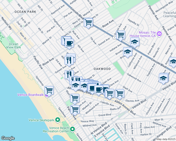 map of restaurants, bars, coffee shops, grocery stores, and more near 539 Brooks Avenue in Los Angeles