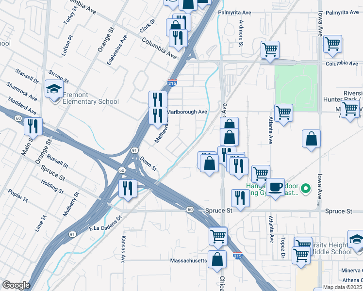 map of restaurants, bars, coffee shops, grocery stores, and more near 1746 Agrigento Avenue in Riverside