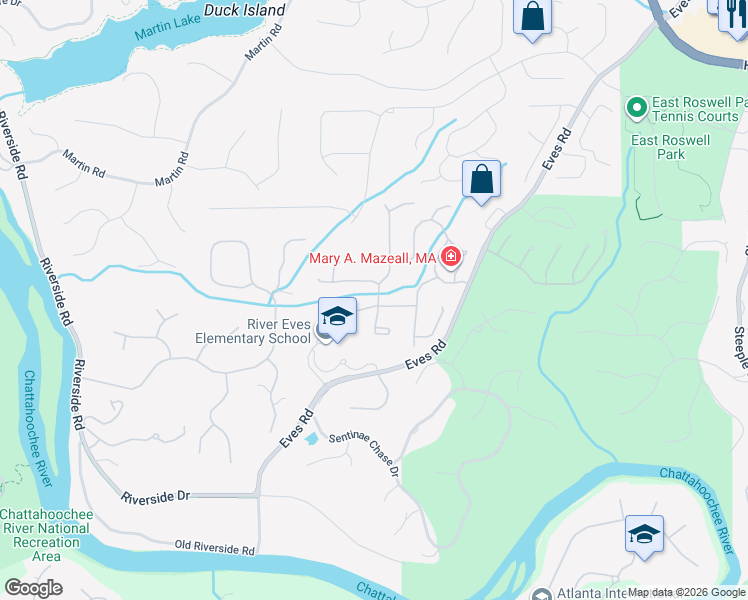map of restaurants, bars, coffee shops, grocery stores, and more near 1610 Misty River Run in Roswell