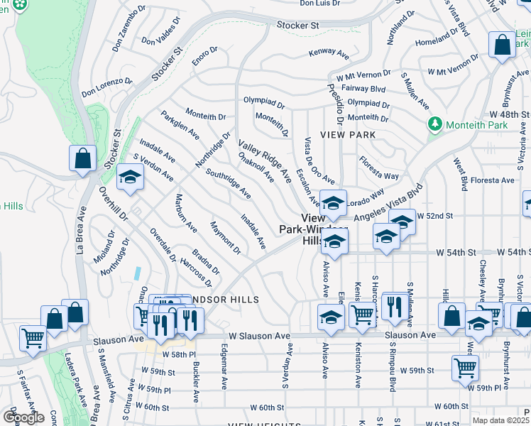 map of restaurants, bars, coffee shops, grocery stores, and more near 5168 Southridge Avenue in View Park-Windsor Hills
