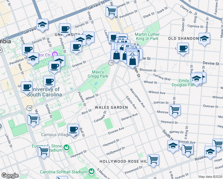 map of restaurants, bars, coffee shops, grocery stores, and more near 1800 Wheat Street in Columbia