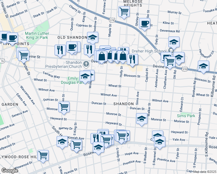 map of restaurants, bars, coffee shops, grocery stores, and more near 2817 Wilmot Avenue in Columbia