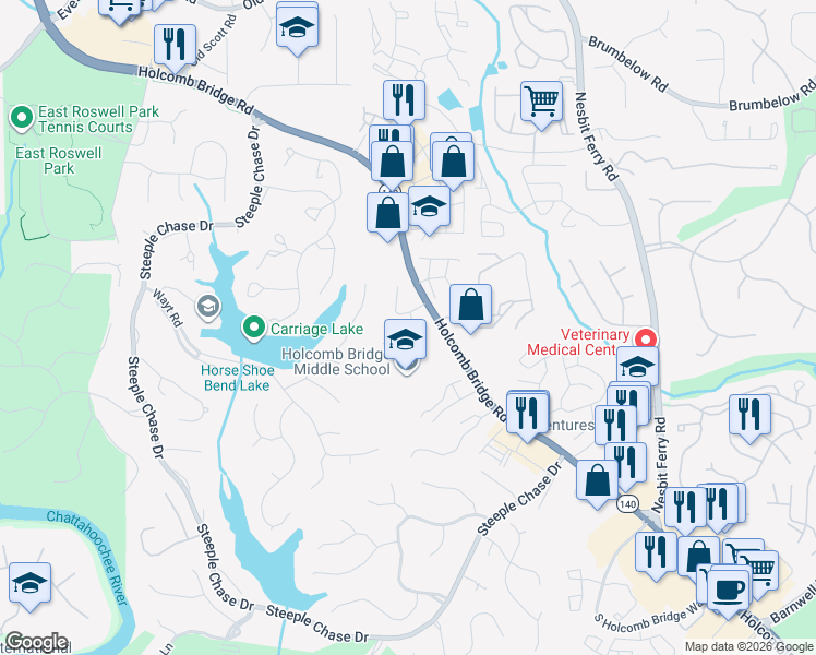 map of restaurants, bars, coffee shops, grocery stores, and more near 530 South Riversong Lane in Alpharetta