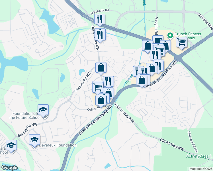 map of restaurants, bars, coffee shops, grocery stores, and more near 1660 Old 41 Highway Northwest in Kennesaw
