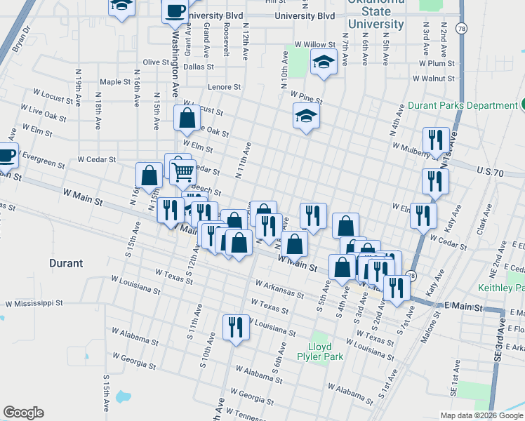 map of restaurants, bars, coffee shops, grocery stores, and more near 912 West Evergreen Street in Durant
