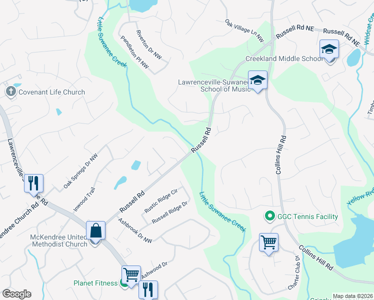 map of restaurants, bars, coffee shops, grocery stores, and more near 325 Russell Road in Lawrenceville
