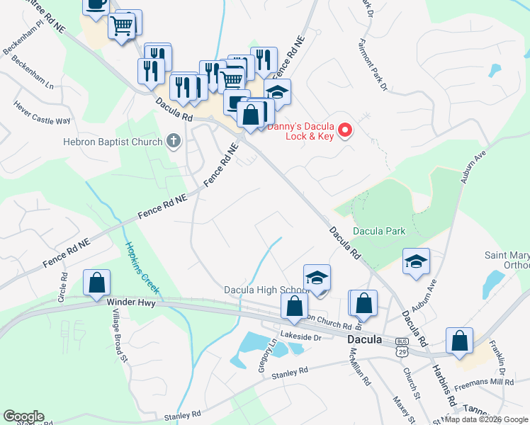 map of restaurants, bars, coffee shops, grocery stores, and more near 280 Whisper Way Northeast in Dacula