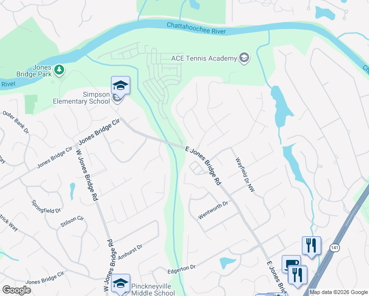 map of restaurants, bars, coffee shops, grocery stores, and more near East Jones Bridge Road in Peachtree Corners