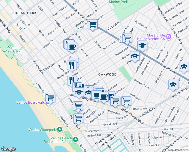 map of restaurants, bars, coffee shops, grocery stores, and more near 512 Brooks Avenue in Los Angeles