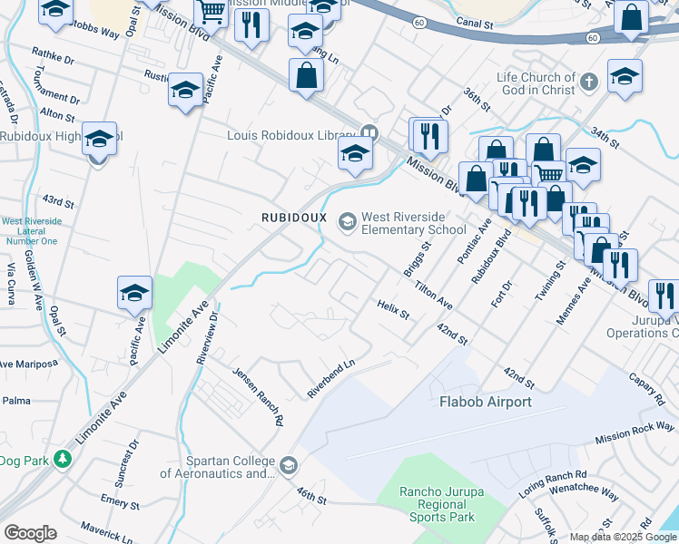 map of restaurants, bars, coffee shops, grocery stores, and more near 4215 Mill Creek Street in Riverside