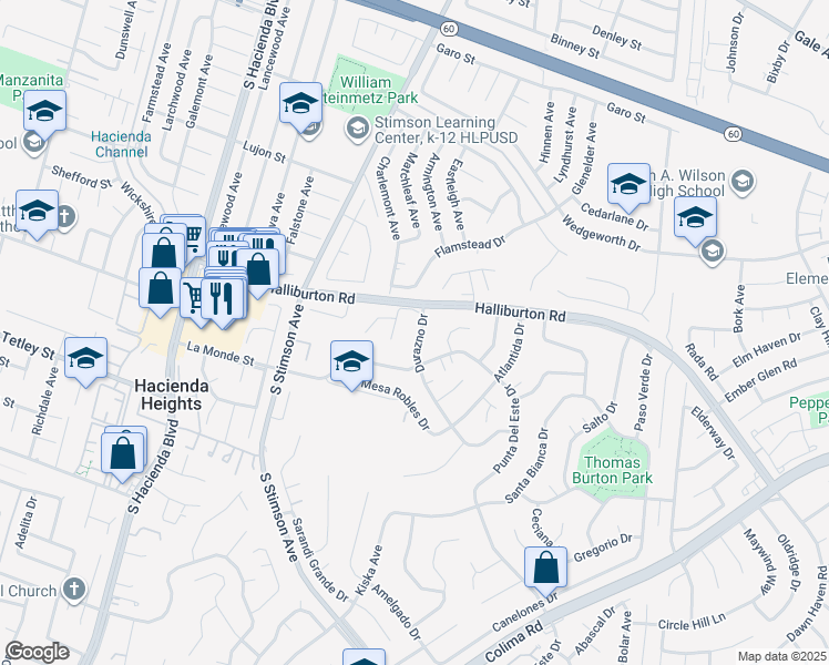 map of restaurants, bars, coffee shops, grocery stores, and more near 1929 Durazno Drive in Hacienda Heights