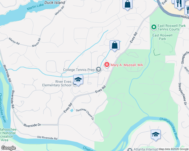map of restaurants, bars, coffee shops, grocery stores, and more near 1655 Misty River Run in Roswell